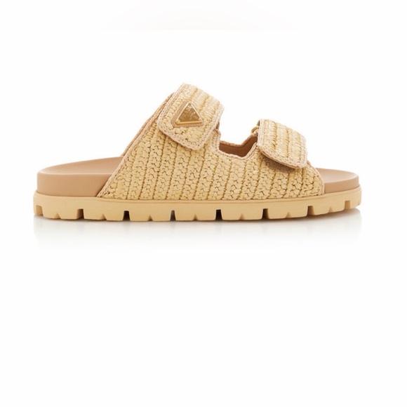 Prada Fussbett Raffia Double Band Tan Woven Slide Sandals - Picture 7 of 16